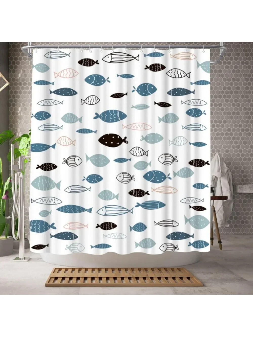 Ocean-Themed Fish Shower Curtain | Coastal Blue Bathroom Decor | Nautical Home